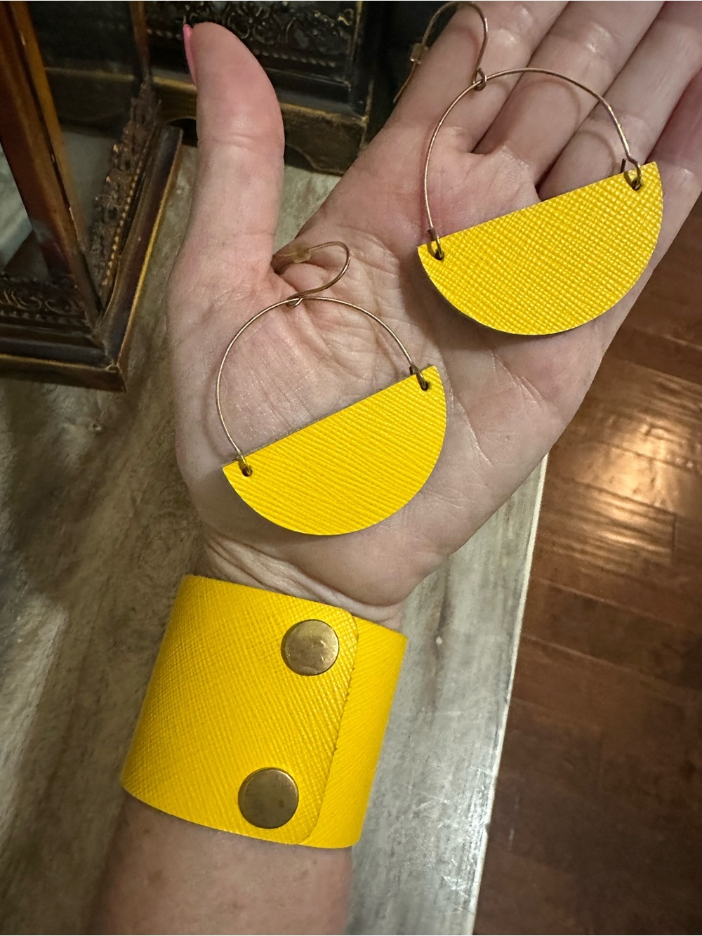 Yellow Half-Moon Hoop Earrings and Matching Cuff Bracelet Set